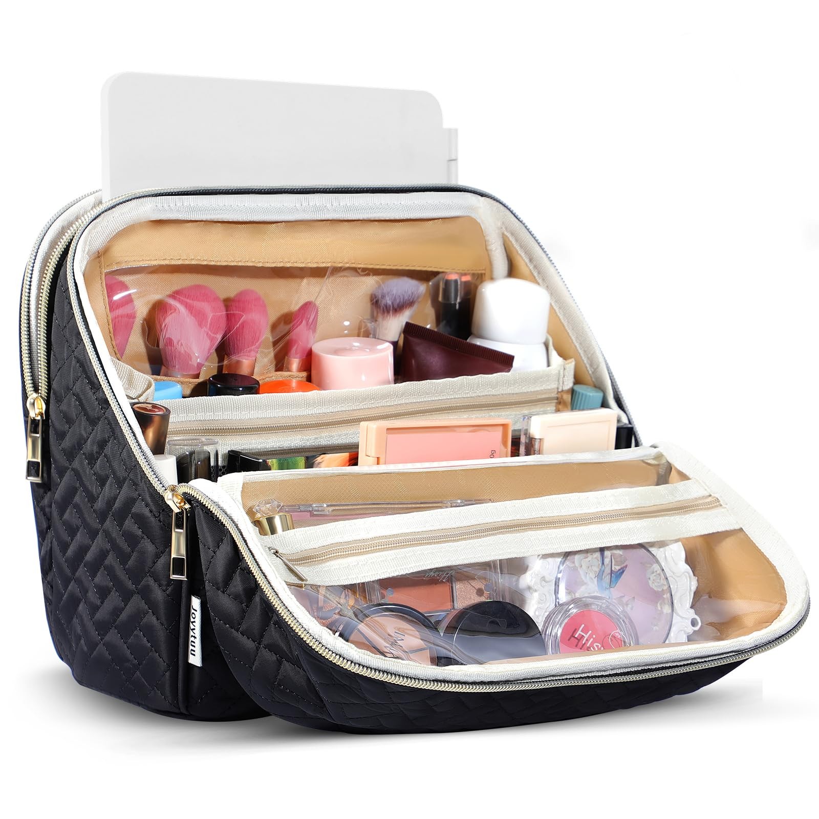 JOYYTUU Makeup Bag, Large Capacity with Room for Brushes and Mirror, Black