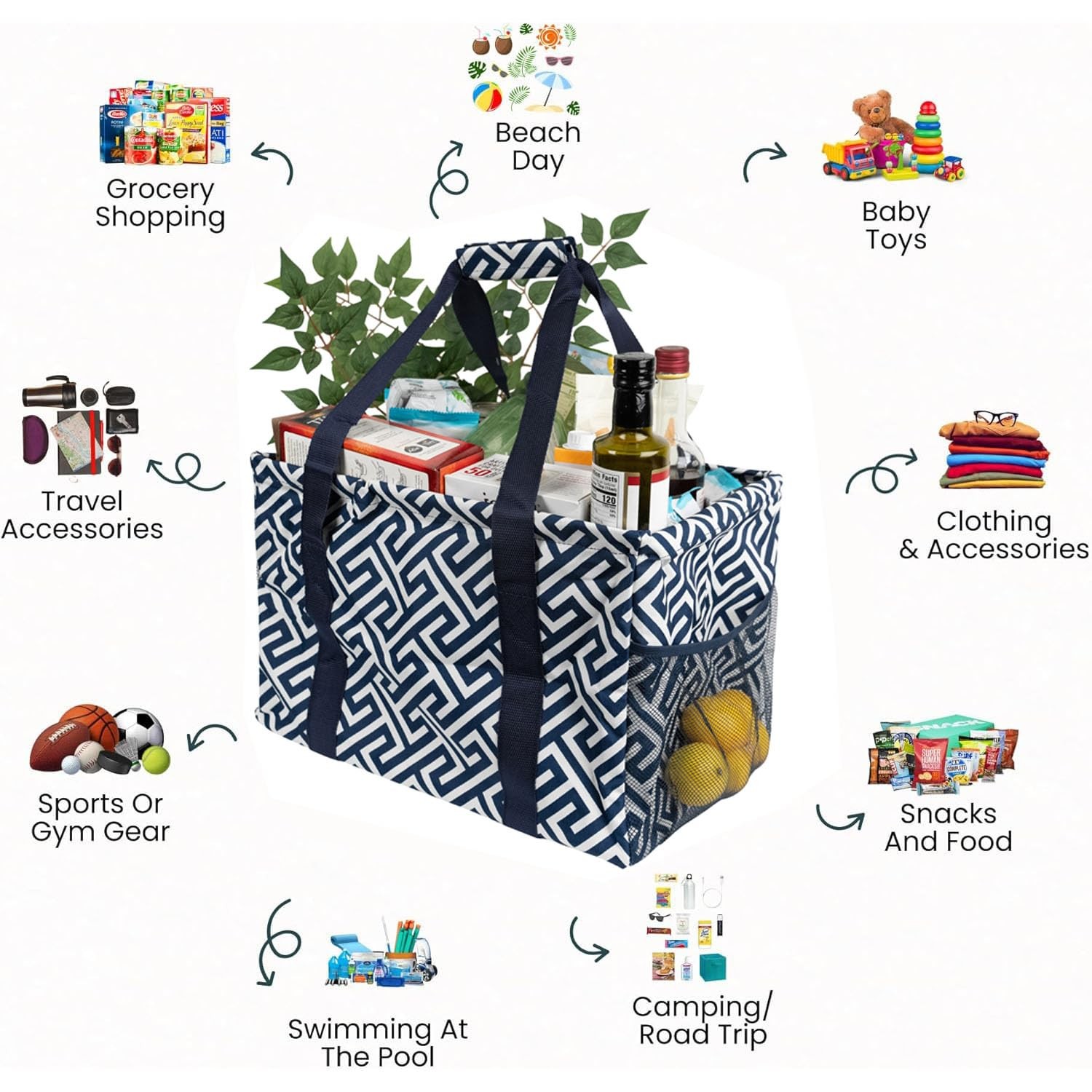 Extra Large Utility Tote Bag Oversized Collapsible Wire Frame Geo Navy 50lbs