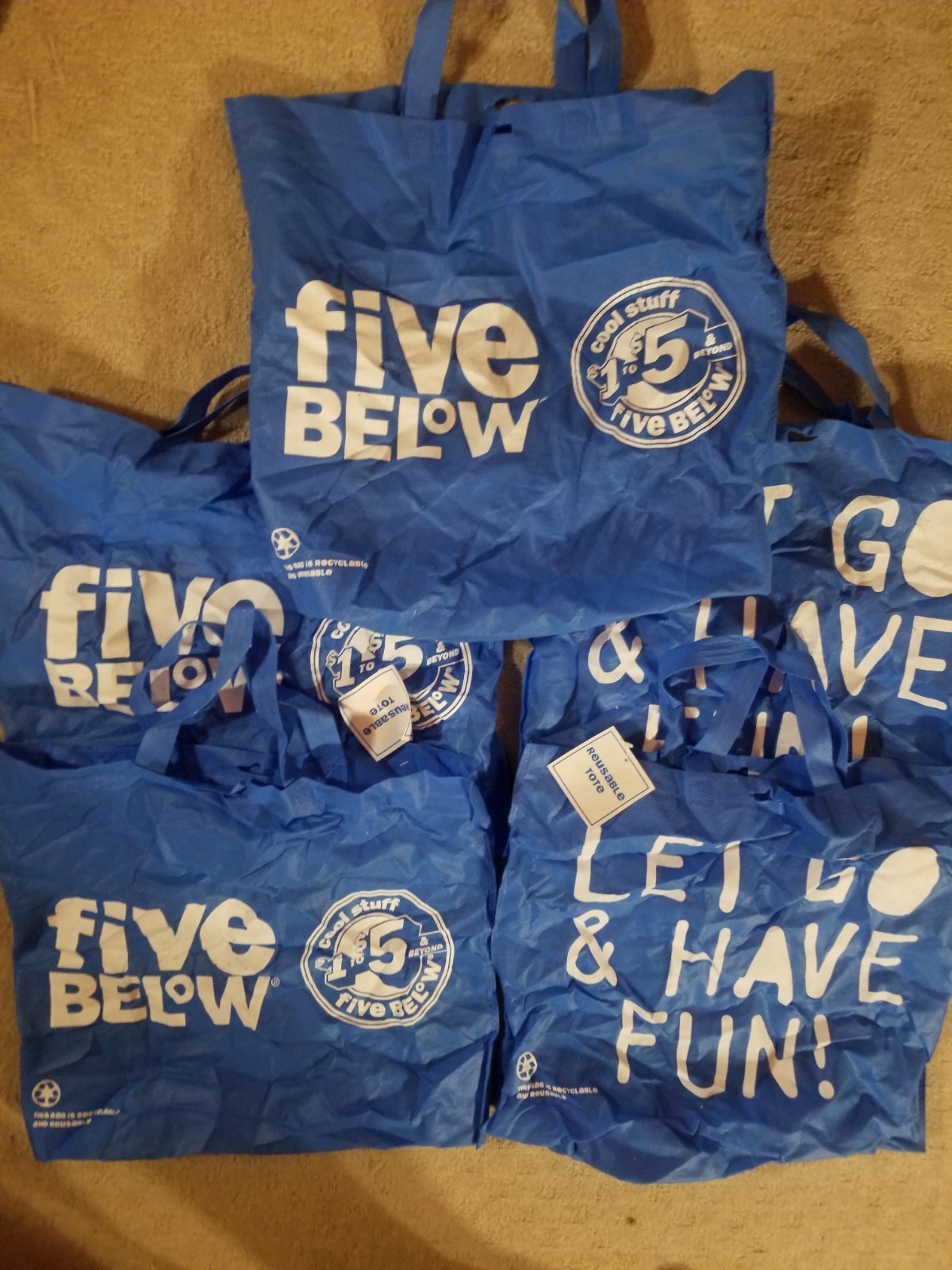 5x Reusable Five Below Tote Bags 18×16 Let Go & Have Fun! 4 New NWT, 1 Used Once