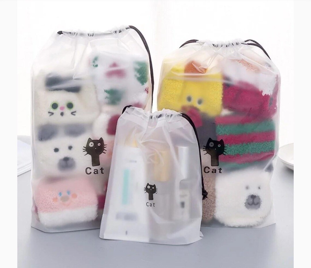 10× PC Cat Print Transparent Drawstring Frosted Plastic Gift Storage Travel Bag