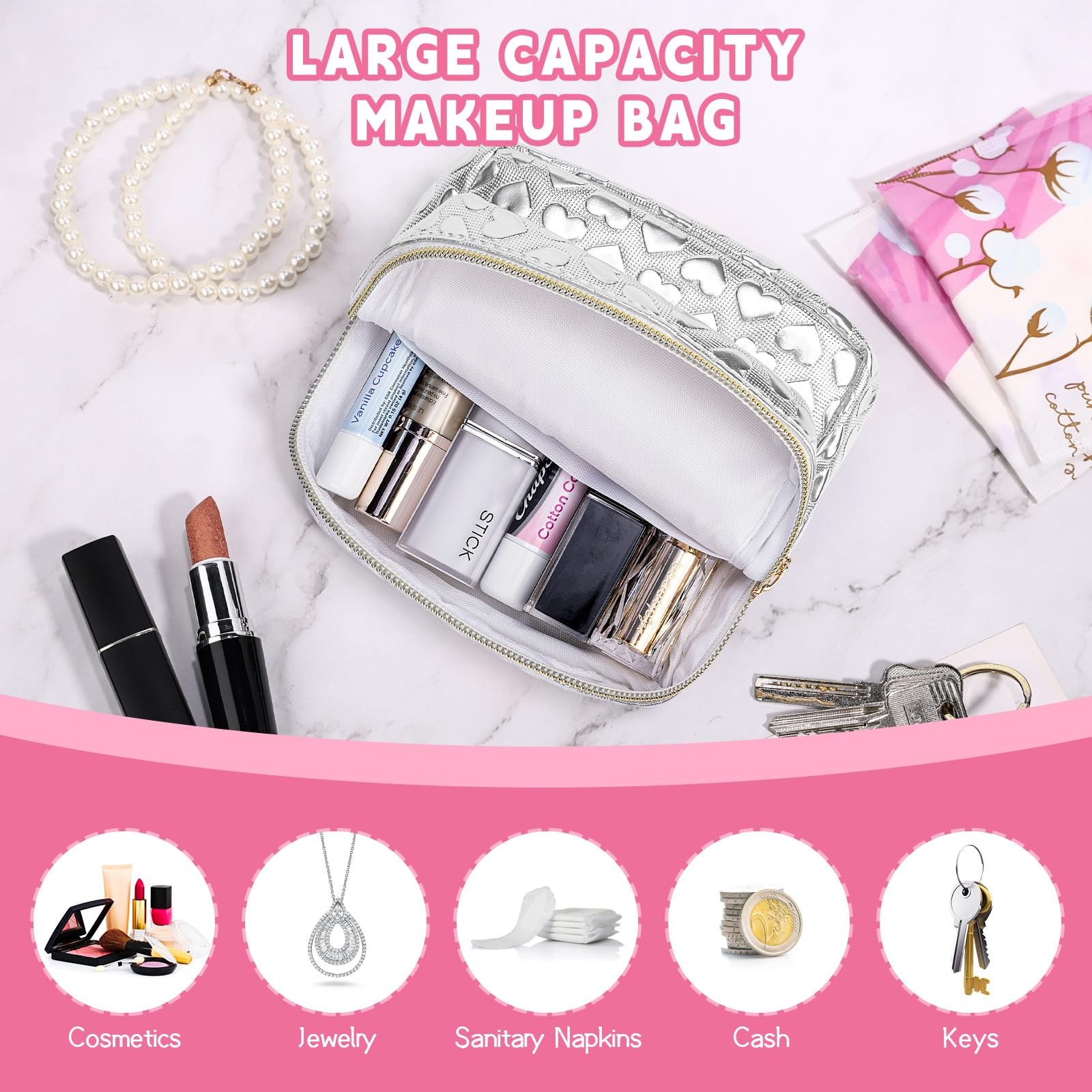 Likesing 5.1″ Mini Makeup Bag for Purse, Leather Small Silver, 3D Love