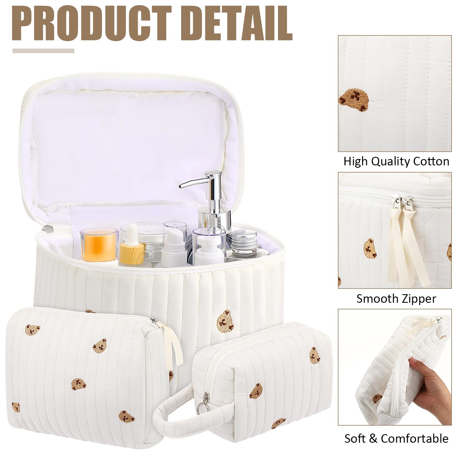 Paterr Makeup Bag Set 3 Pcs Large Quilted Cotton Make up Bags for Women White