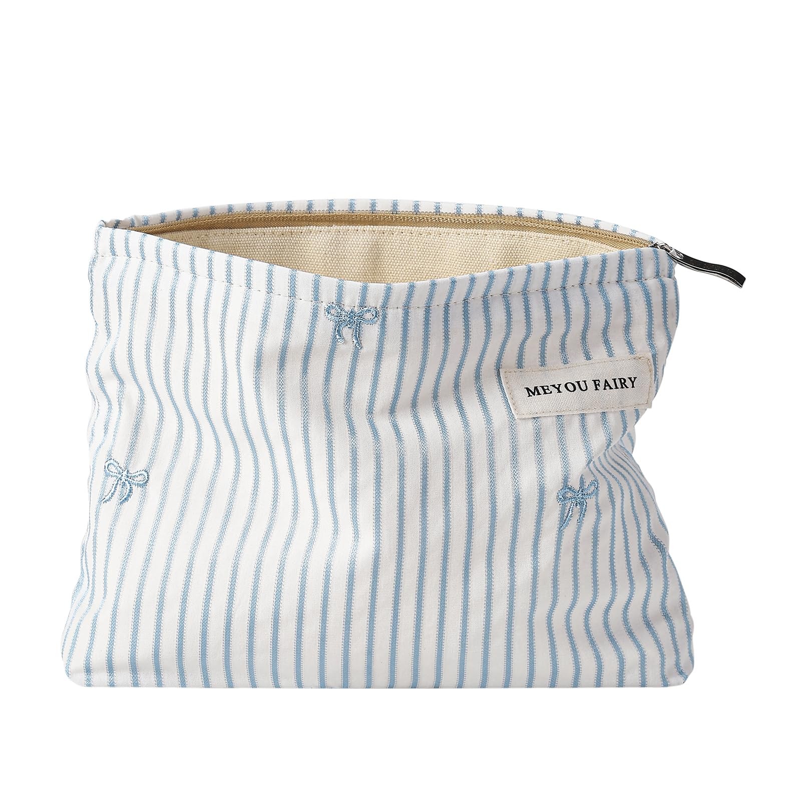 RSRSLEII Striped Makeup Bag for Women, Blue Cosmetic with 03 White Stripe