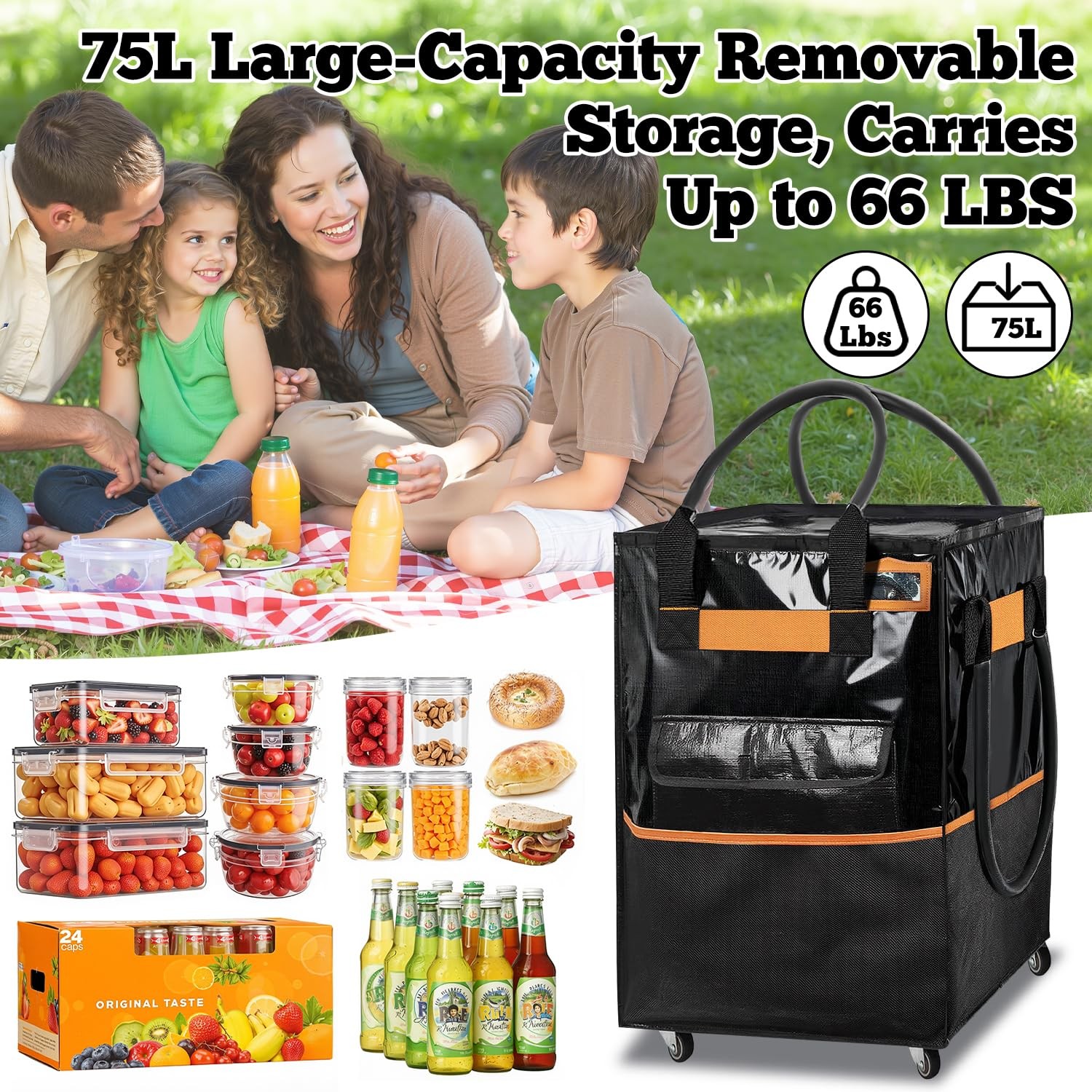 Reusable Grocery Bag on Wheels, 75L Large-Capacity Zippered Roller Tote, Carr…