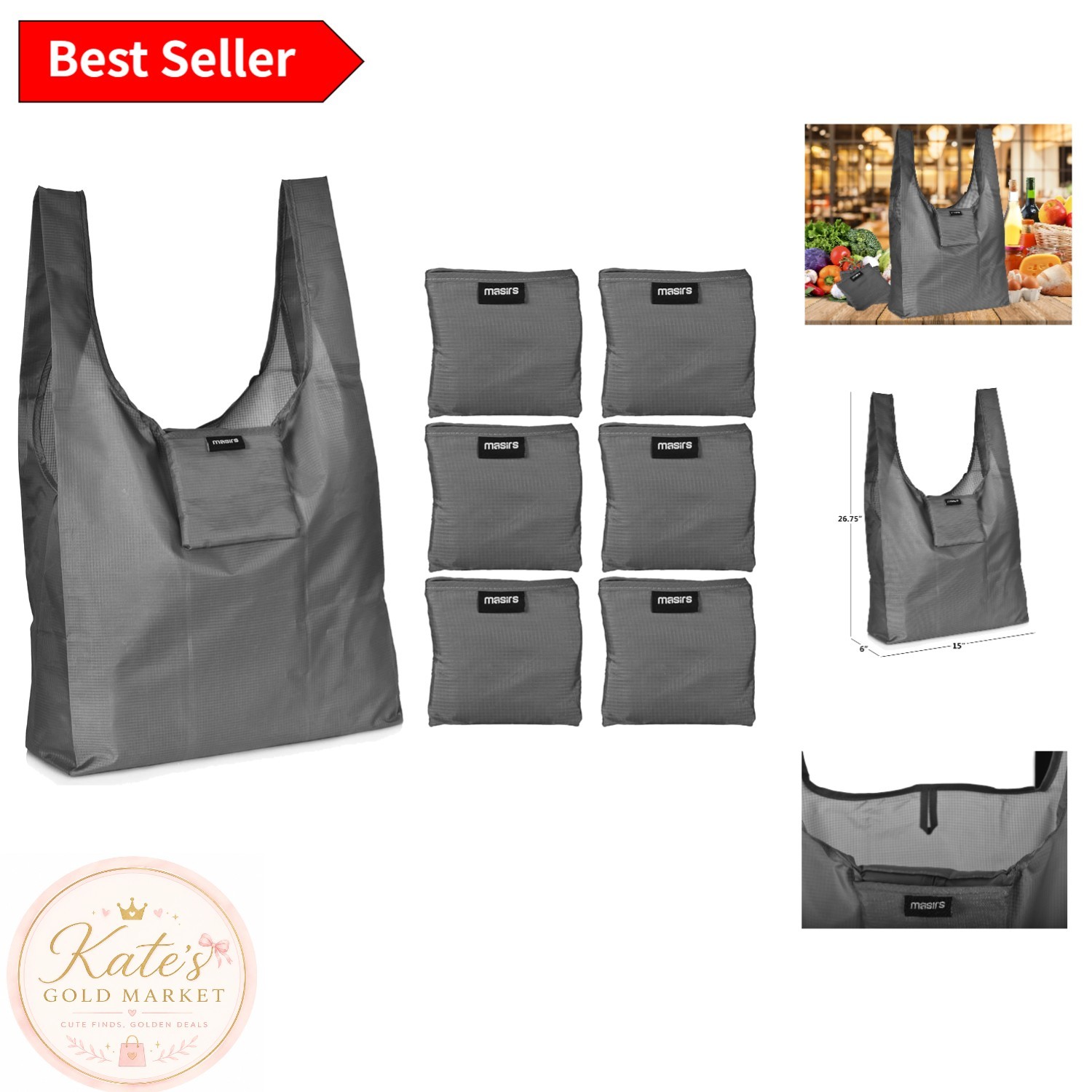 Versatile & Stylish Grey Reusable Grocery Bags – Set of 6 Foldable Eco Bags