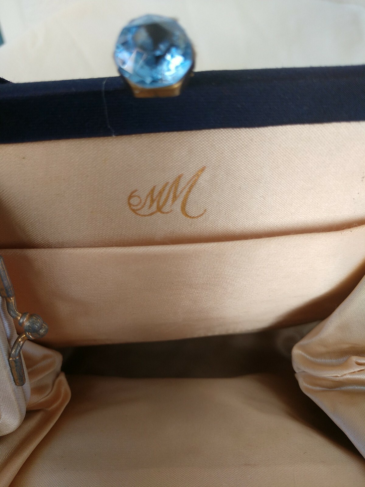 Vintage Bag Small Navi Blue. , W Blue Topasio ?Clasp Cristal? 7 X 7 1/2 silk