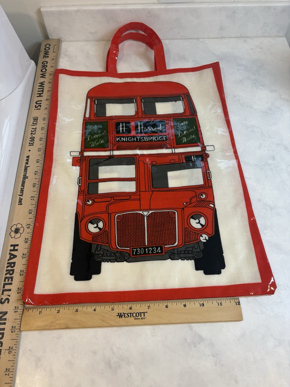 Vintage Harrods PVC Tote Bag Red Double Decker Bus 18.5 x 15 London Made In UK