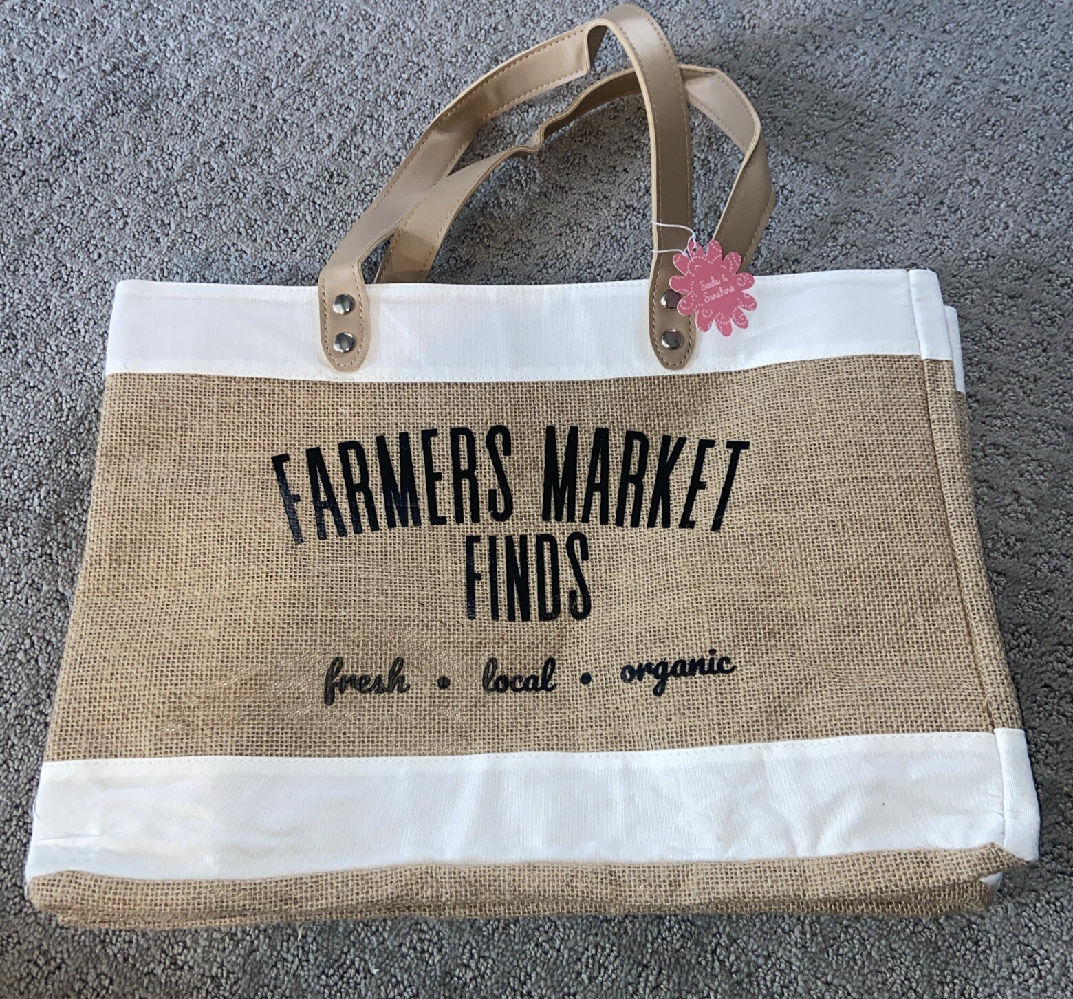 Local Farmers Market Tote Reusable Burlap Grocery Bag with Leather Handle