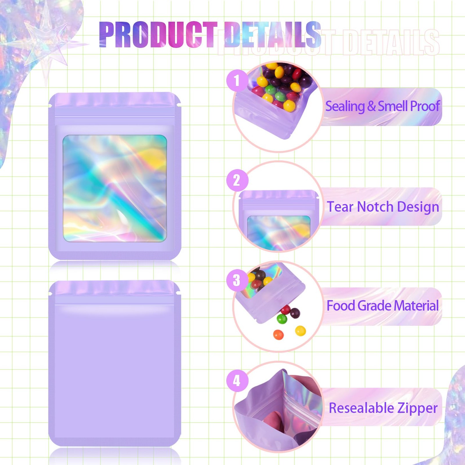 JETMORE 100 pcs Mylar Bags, Resealable Holographic 5x7inch, Blue