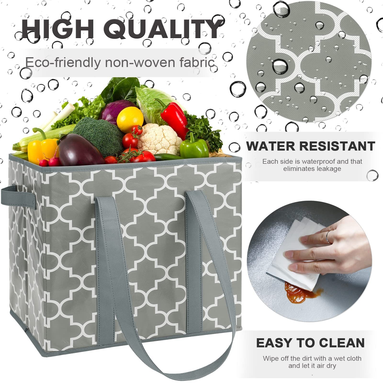WISELIFE 3-Pack Reusable Grocery Bags Foldable Washable Storage Bins Basket W…
