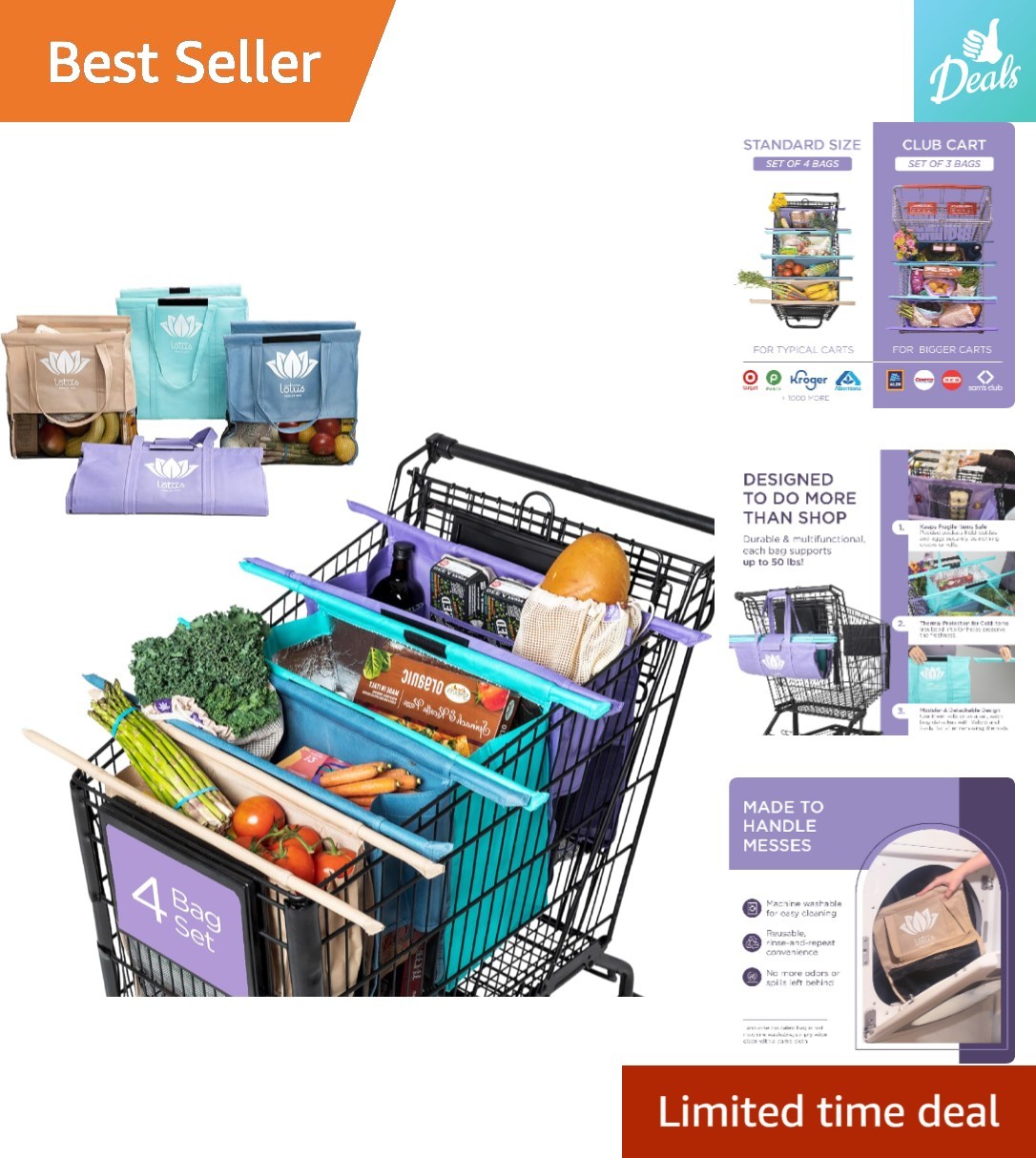 Lotus Trolley 4-Pack: Insulated Reusable Grocery Bags in Vibrant Colors