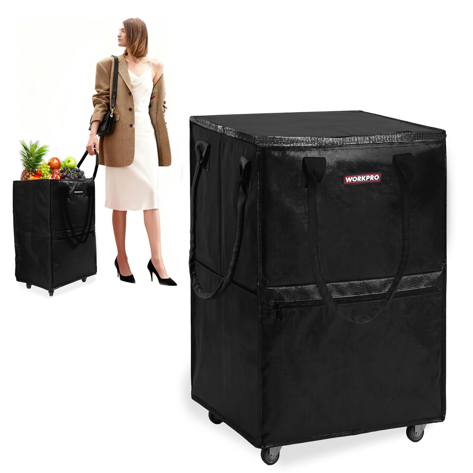 WORKPRO Large Rolling Grocery Bag, 36-Gallon Tote with 5 Wheels, Large, Black