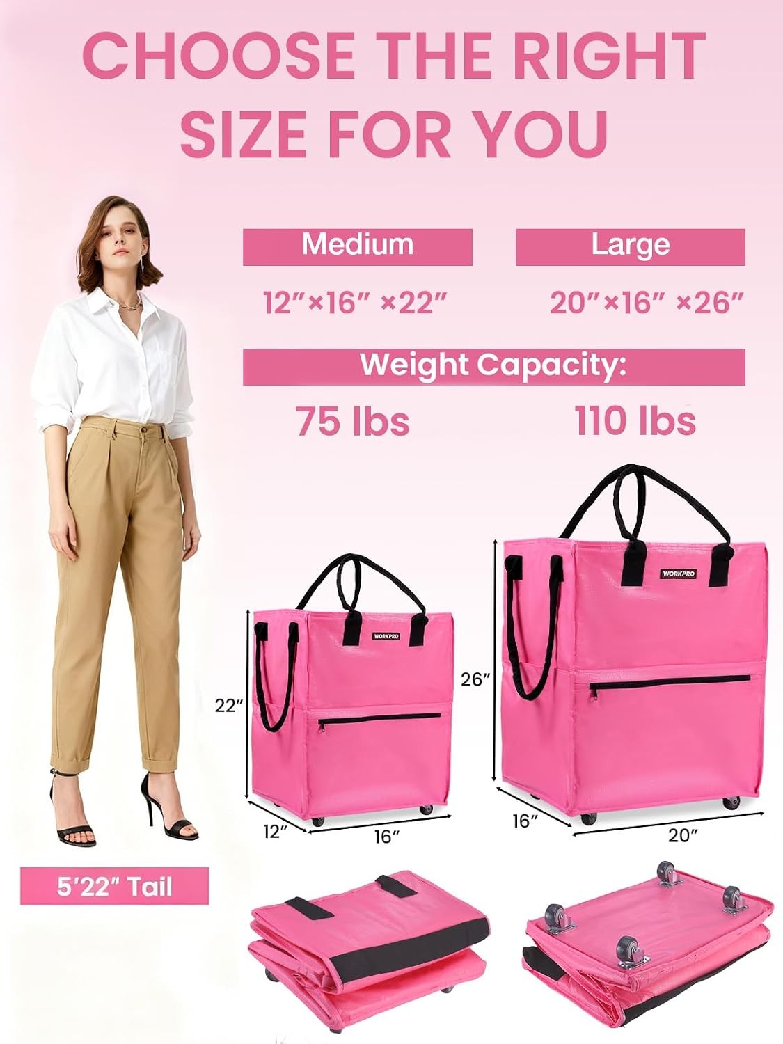 Heavy Duty Reusable Grocery Bag on Wheels Pink Medium Size Rolling Shopping