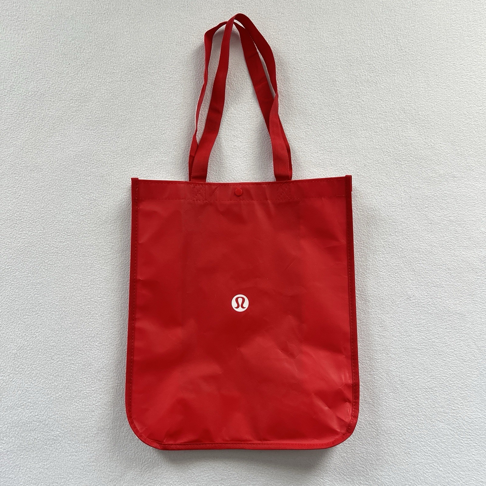 Lululemon Red White Logo Large Eco Reusable Snap Tote Bag Gym Shopping Gift