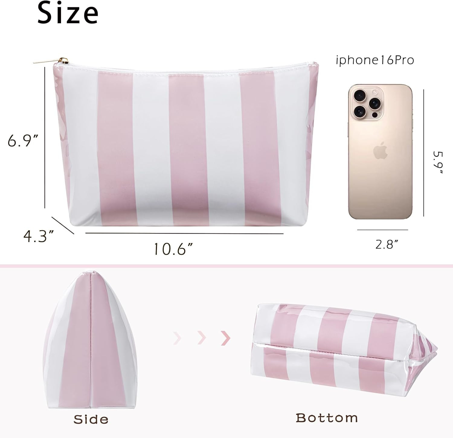 Large Waterproof PVC Beach Pool Makeup Bag with Pink Striated, Cute Cosmetic Acc