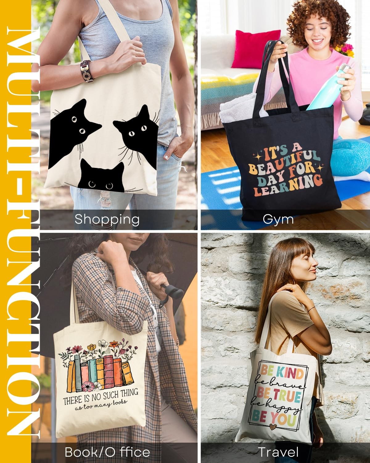 AUSVKAI Canvas Tote Bag Aesthetic for Women, Cute Cat Reusable Cotton Cloth C…