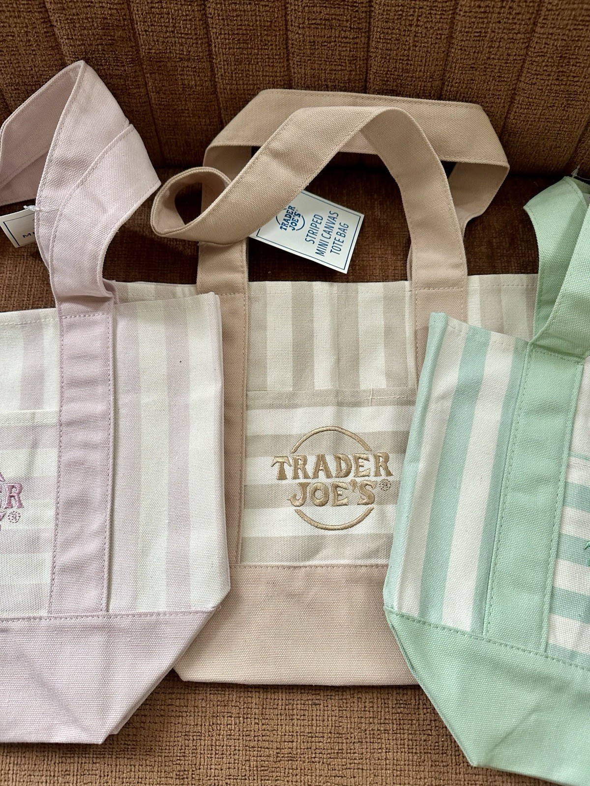 TRADER JOE’S MINI PASTEL STRIPE CANVAS TOTE BAGS SET Of 4 PINK BLUE GREEN BEIGE