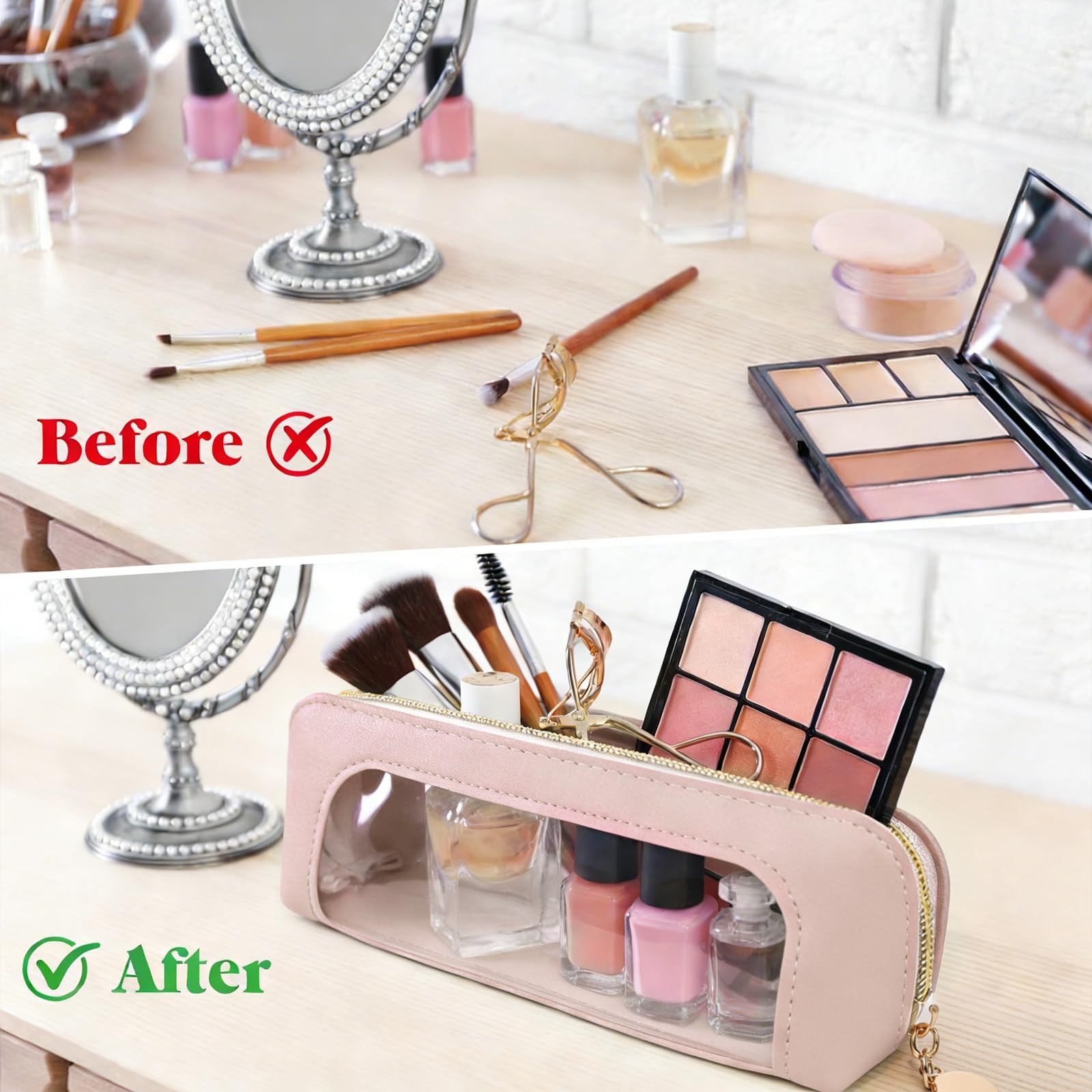 Ayzylpth Small Clear Makeup Bag, Pink PU Leather Travel Brush