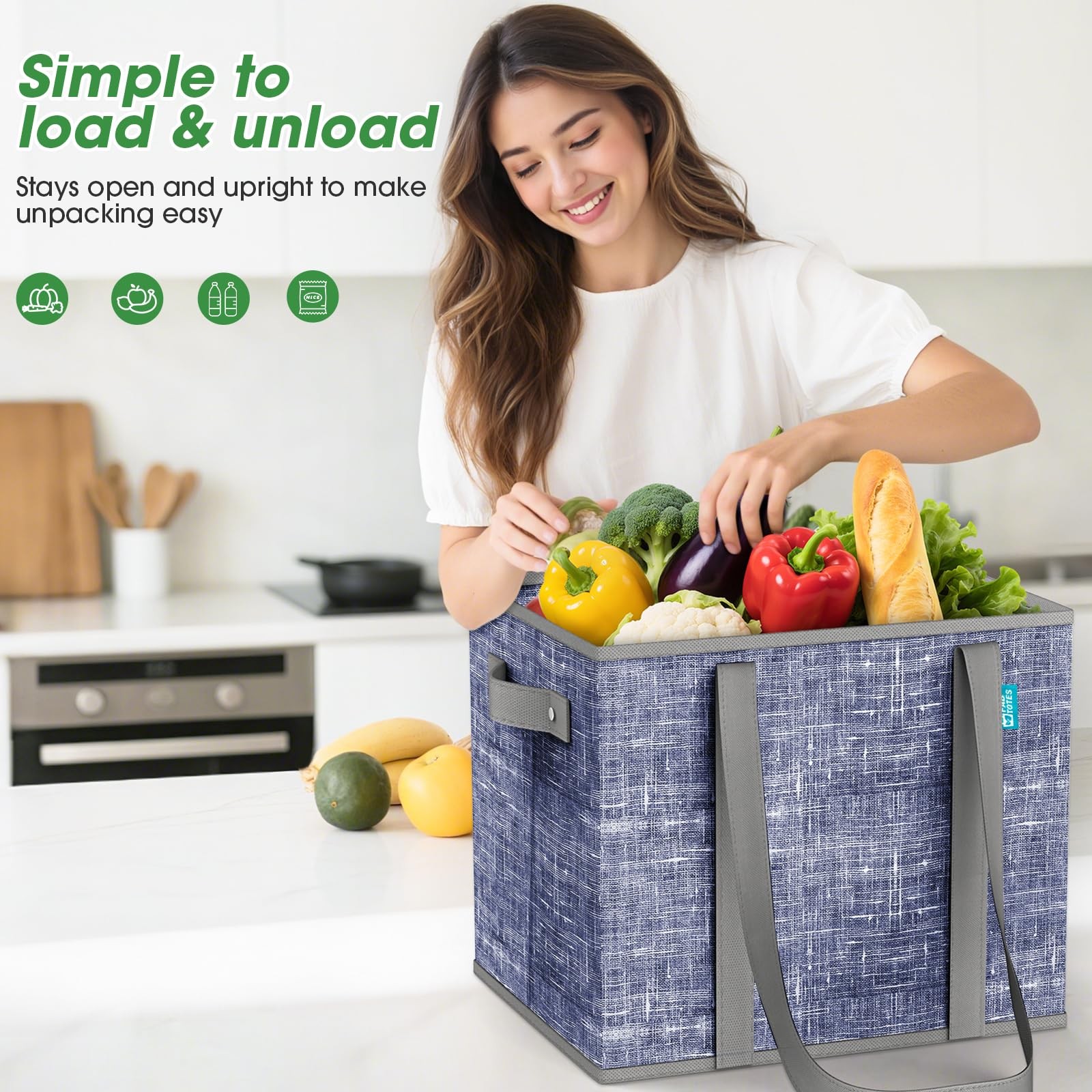 3 PCS Blue Reusable Grocery Bags Large Foldable Shopping Tote Hard Bottom