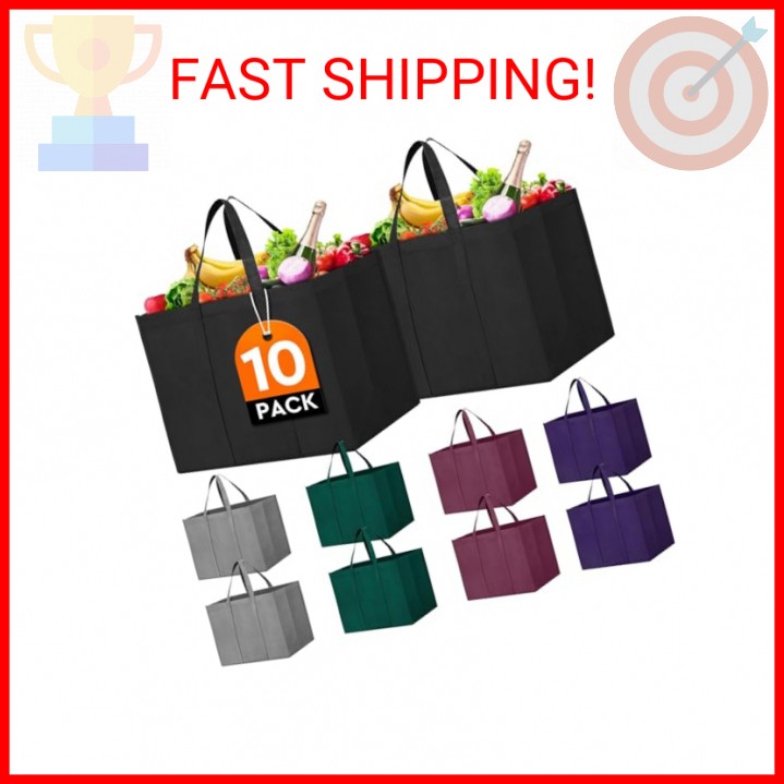 WISELIFE Reusable Grocery Shopping Bags 10 Pack Large Foldable Tote Bags Bulk,Ec