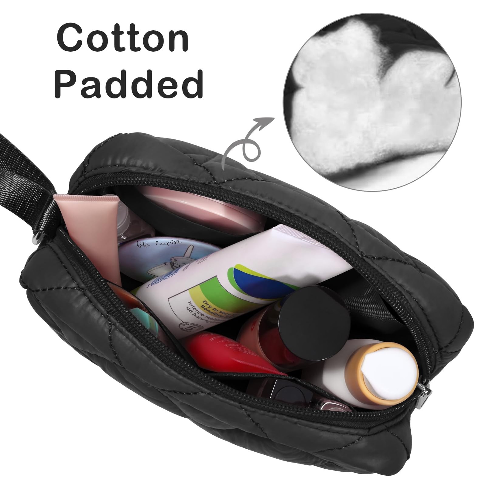 DOB SECHS Quilted Makeup Bag, Zipper Cosmetic Travel Toiletry Black