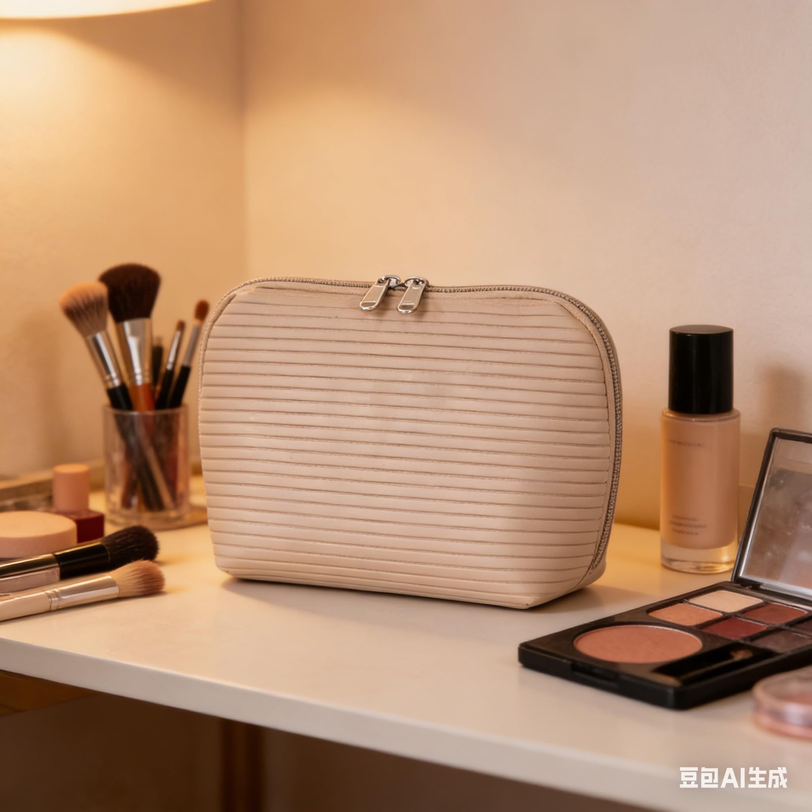 Tense Edano Travel Makeup Bag for Women, Waterproof Stand Up Medium, Camel