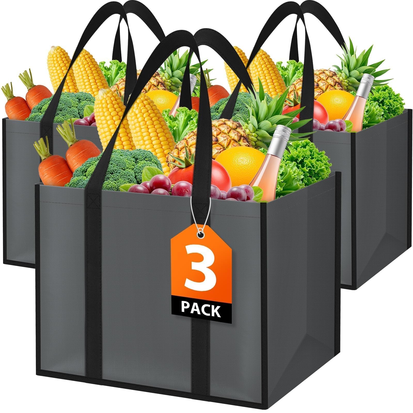 Reusable Grocery Bags with Handles – 3 Pack, 35L Large 3 Gray