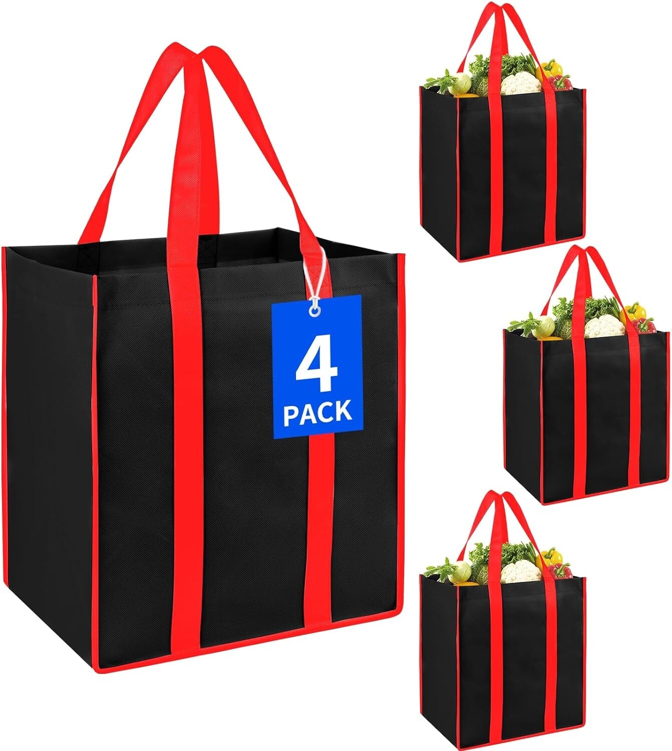 Bodaon 4Pk Collapsible Kitchen Reusable Grocery Bags 13W x 10H x 15D inch