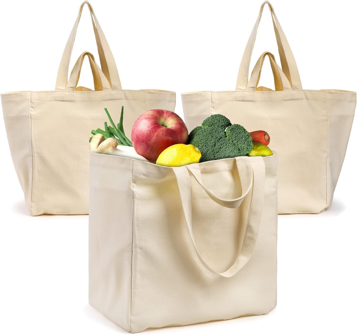 Tosnail 3 Pack Canvas Grocery Tote Bags with Bottle Sleeves, 14 x 9.75 x 15 I…
