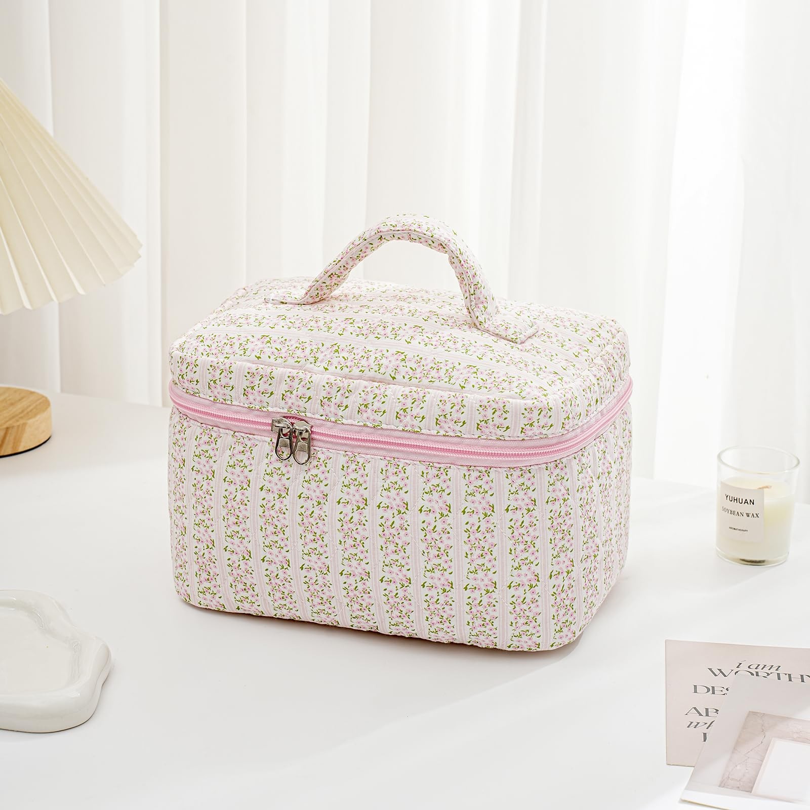 HHQQWZ 2 Pcs Makeup Bag Cosmetic for Women Girls, Cute Large Pink+Pink