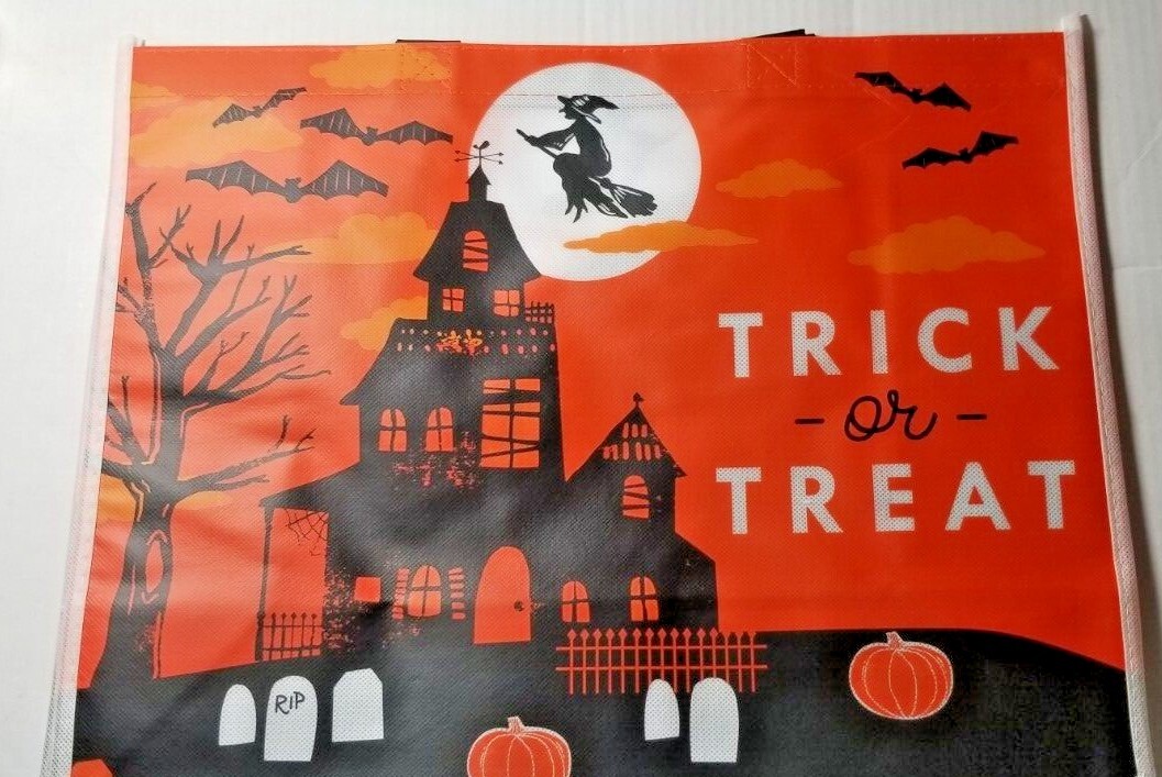 Halloween Trick or Treat Reusable Tote Bag 17″ X 13″ X 6.5″ Orange Black Large