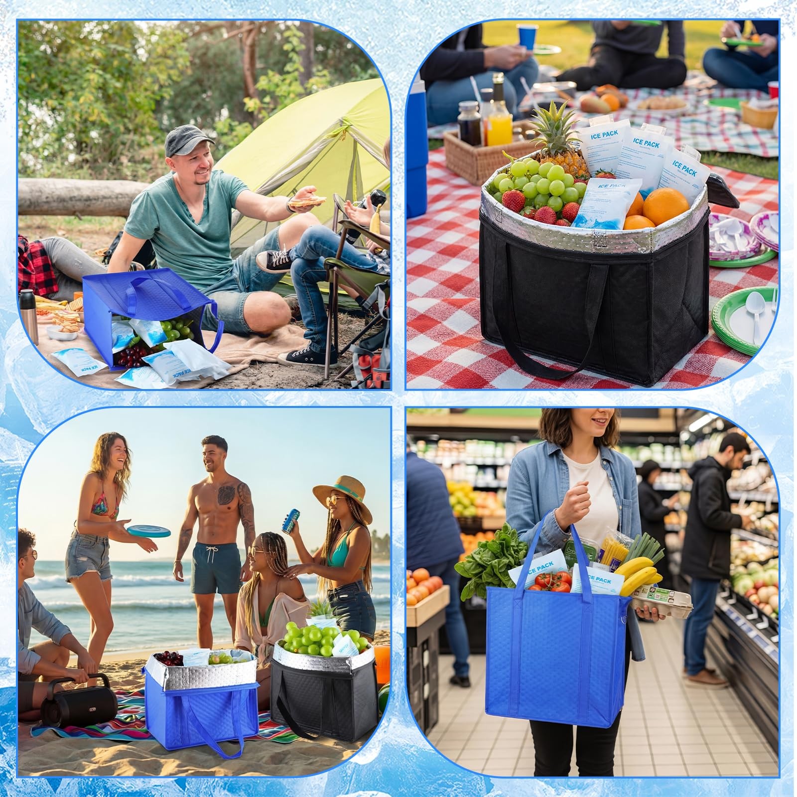 4 Pack Insulated Grocery Shopping Bags with 20 Pack Dry Ice Packs Reusable Co…