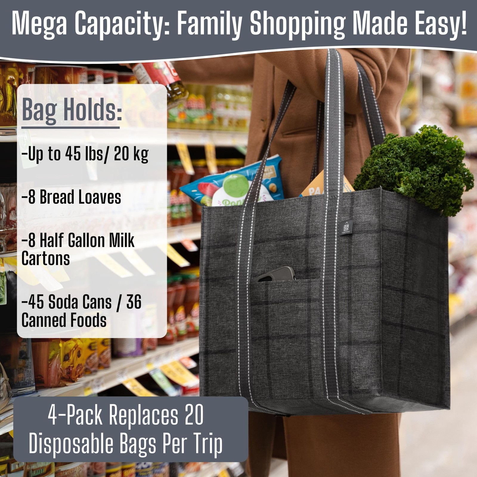 4 Pack Reusable Grocery Bags with Hard Bottom, Large, Windowpane