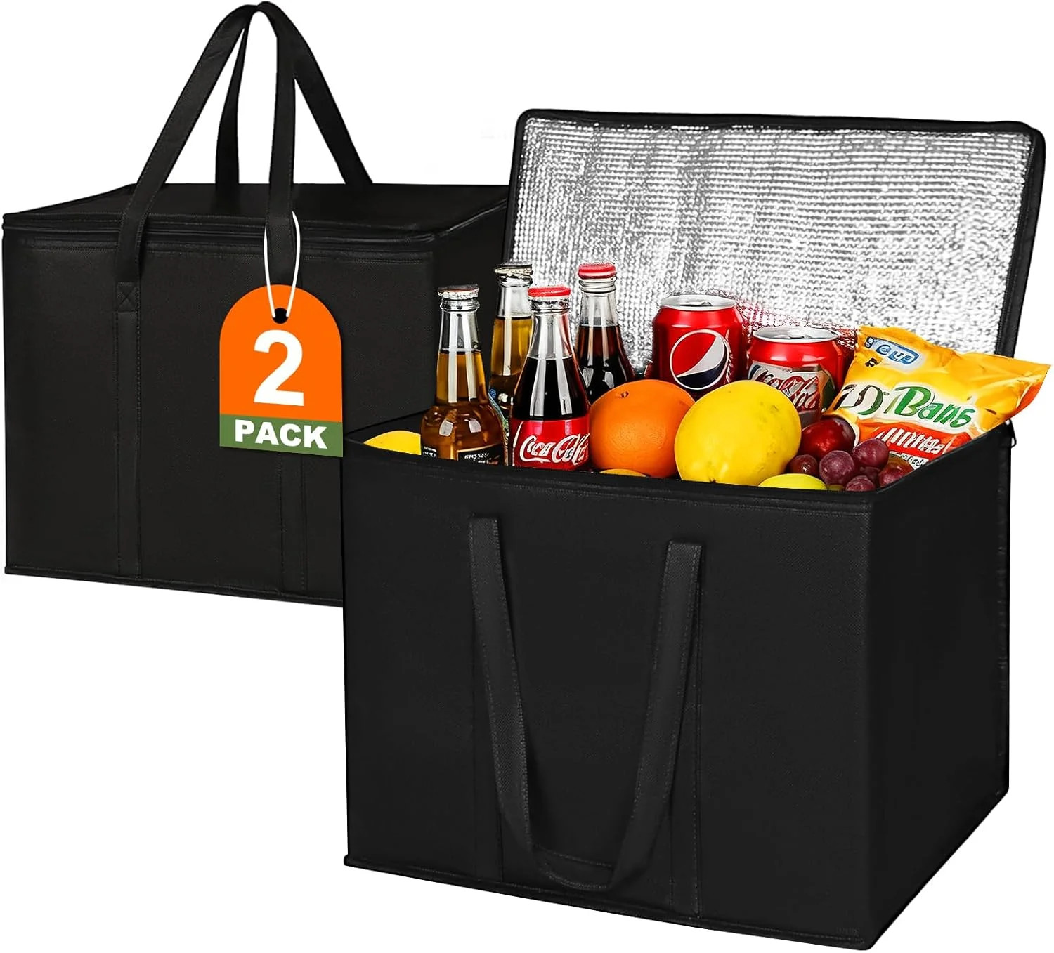 JNYONG 2 Pack Insulated Reusable Grocery Shopping Bags with zippered top,Food De