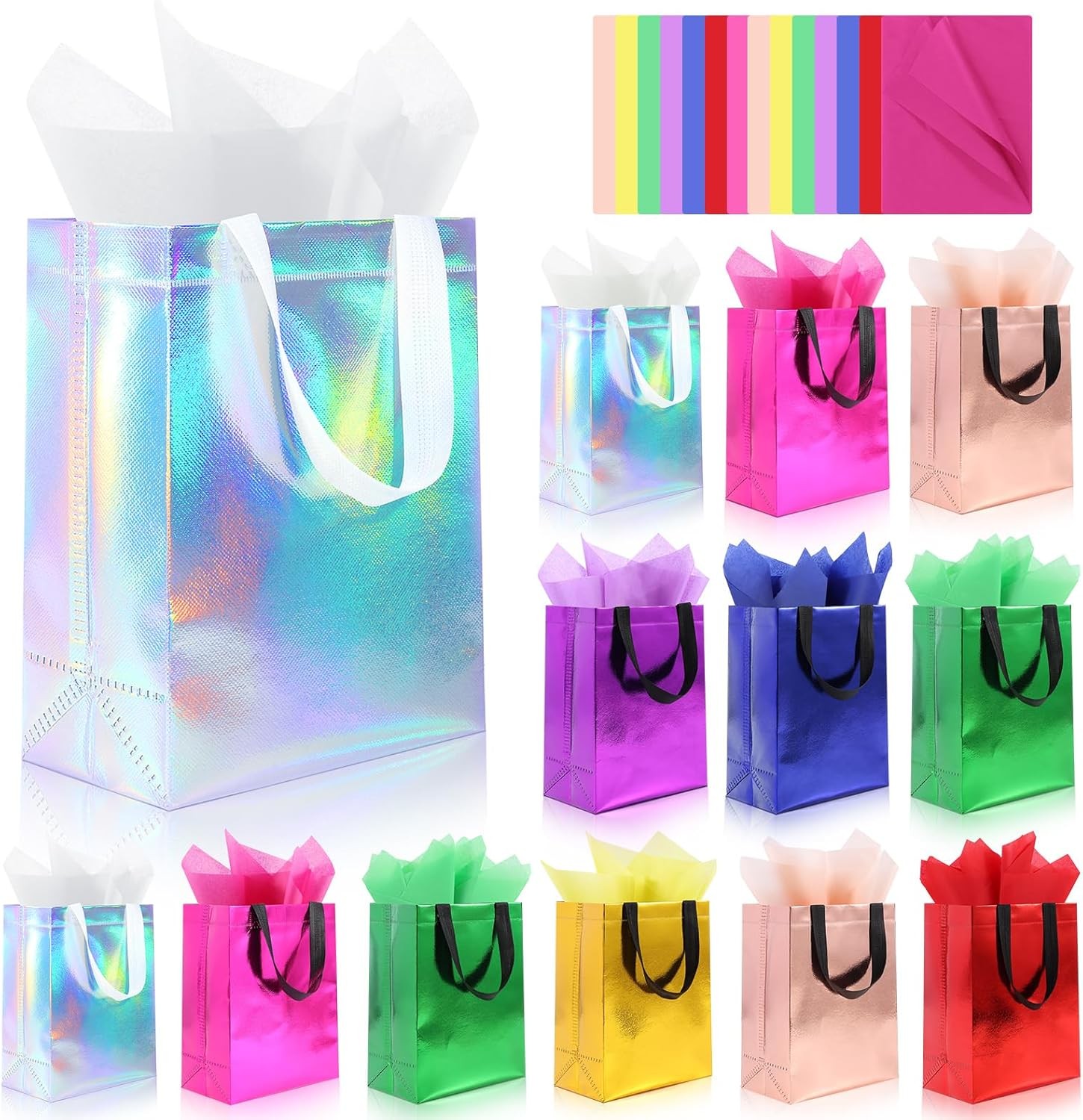 12 Pack Reusable Bags with Handles & 24 Tissue Papers, 10x4x8 Inch Iridescent