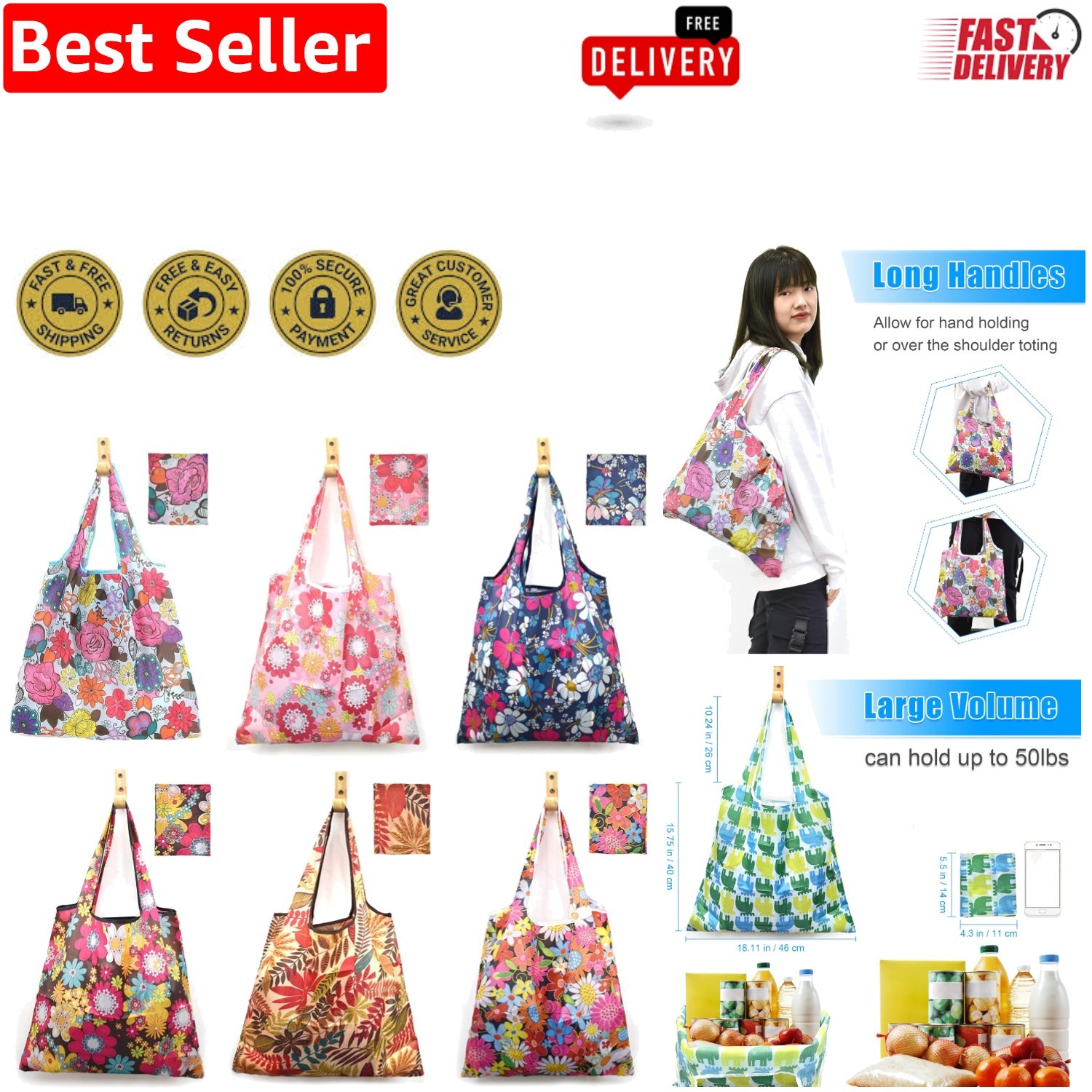 Stylish 6-Piece Foldable Grocery Bags – Washable 50LBS Ripstop Nylon Totes