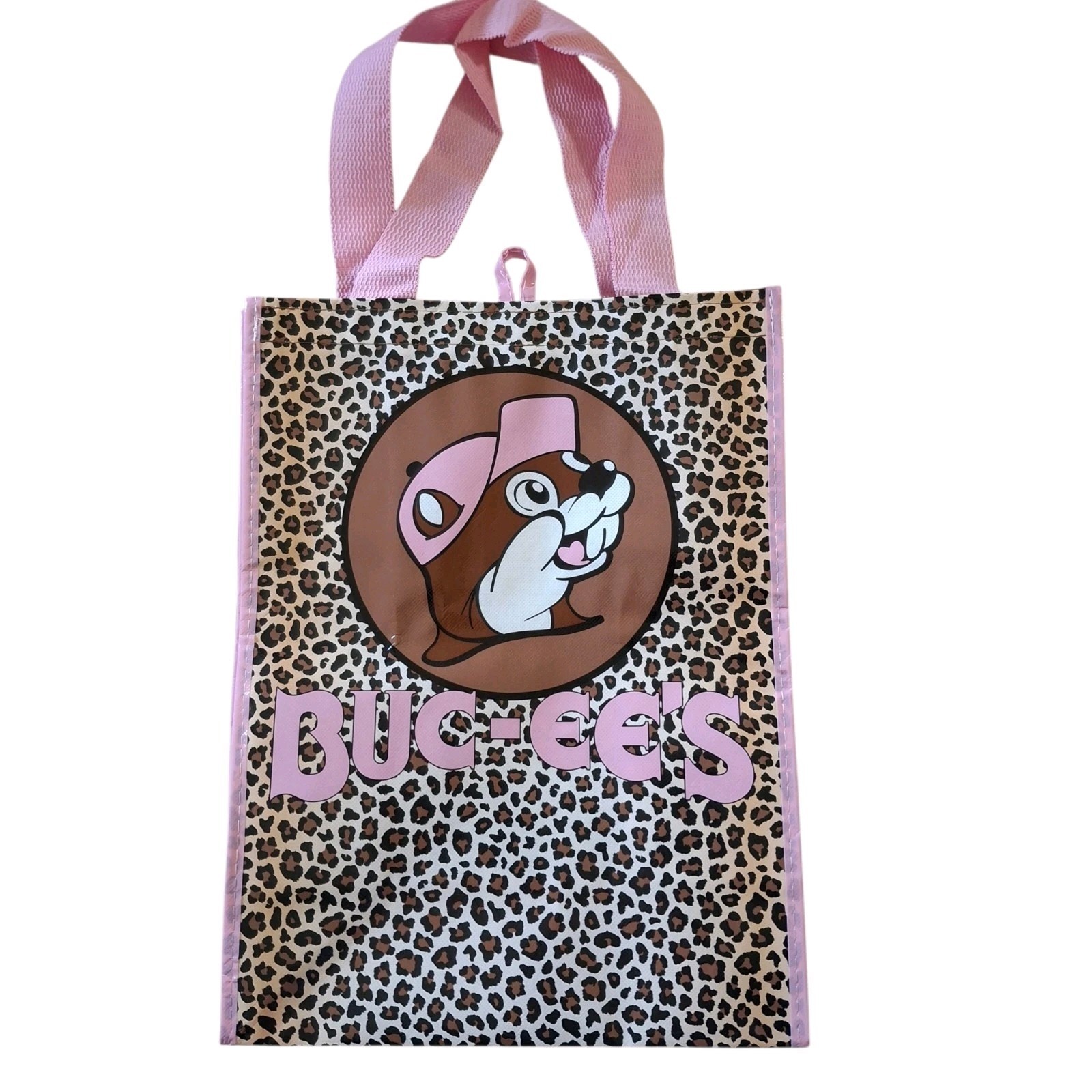 Buc-ee’s Reusable Tote Bag Pink Leopard Cheetah Print Beaver Logo 15x12x7 In.