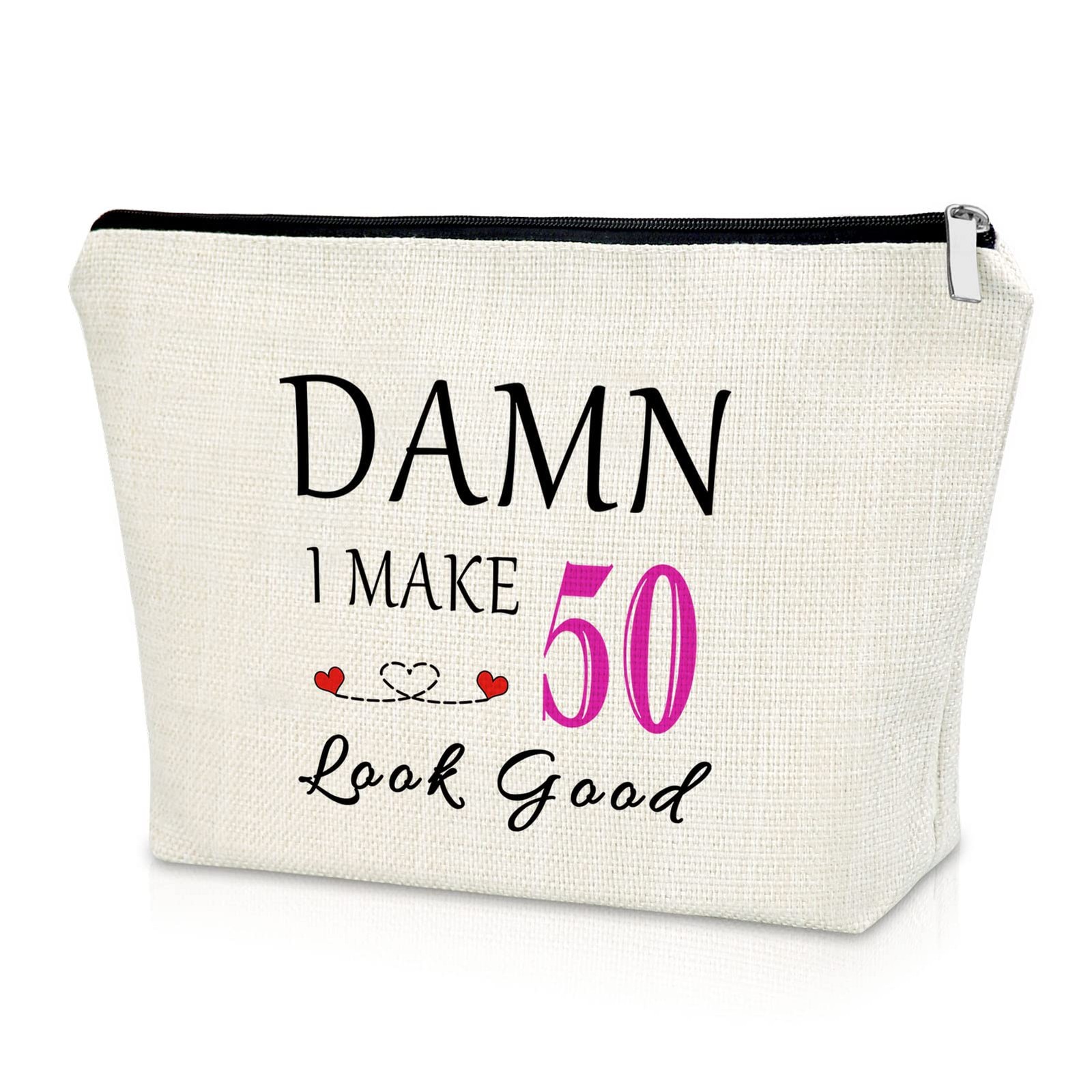 50th Birthday Gift for Wife Aunt Makeup Bag Gifts 50 Year Old Woman Beige