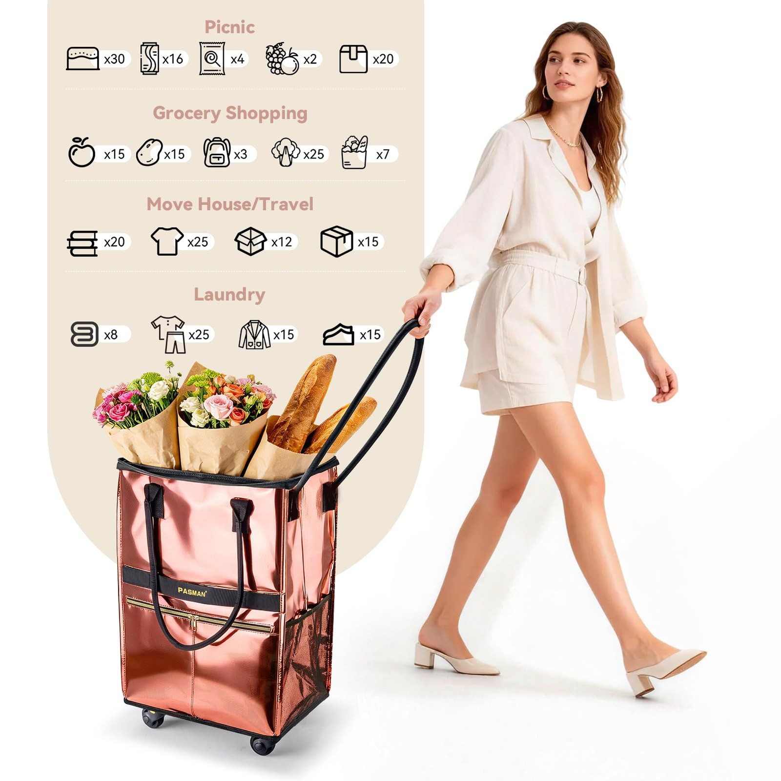 Reusable Grocery Bag on 5 Wheels, Foldable Rolling Tote Bag with Handle and Z…