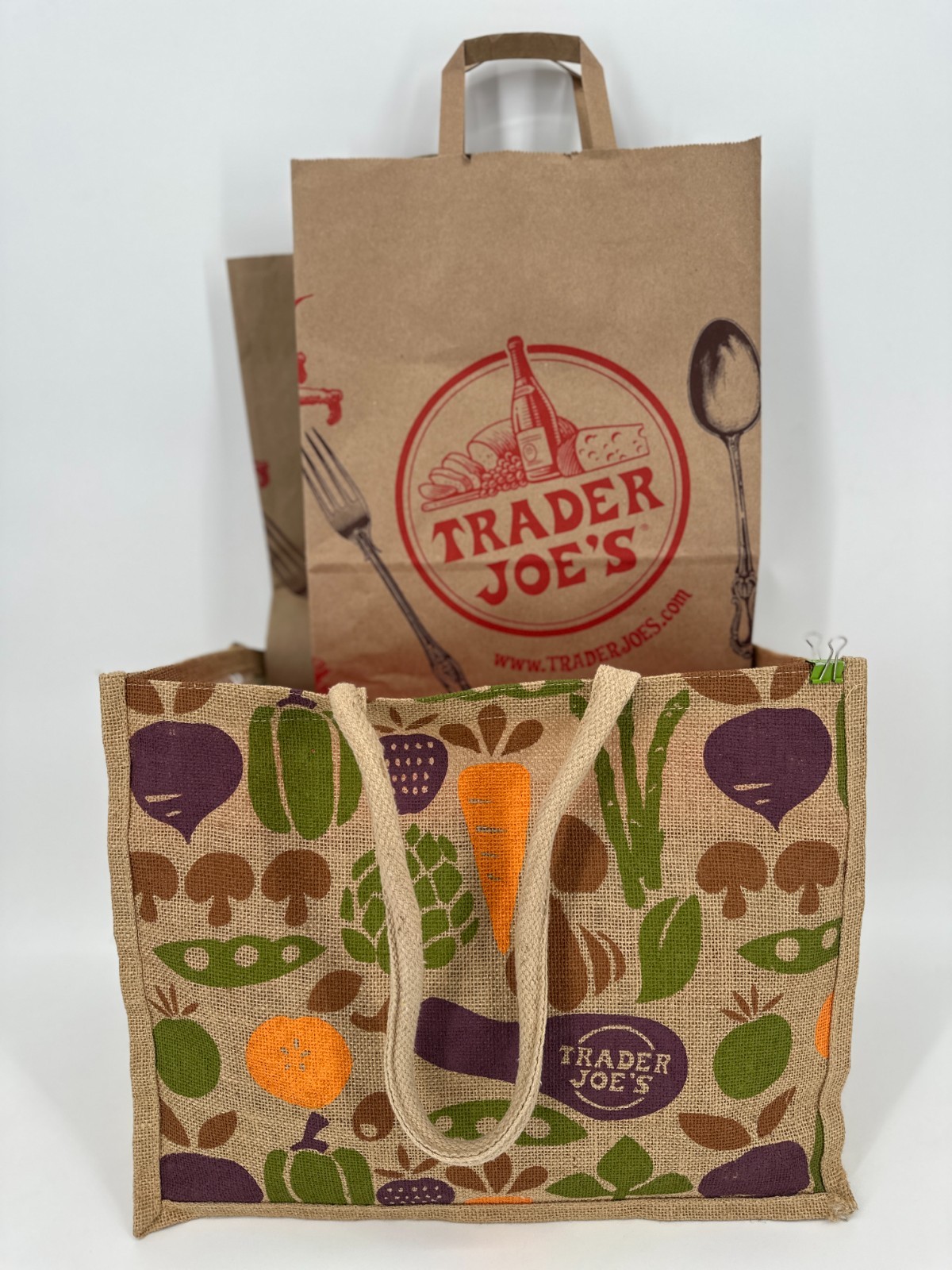 Trader Joe’s Reusable Burlap Shopping Bag Vegetables 16x12x8” 2 Paper Bags Set