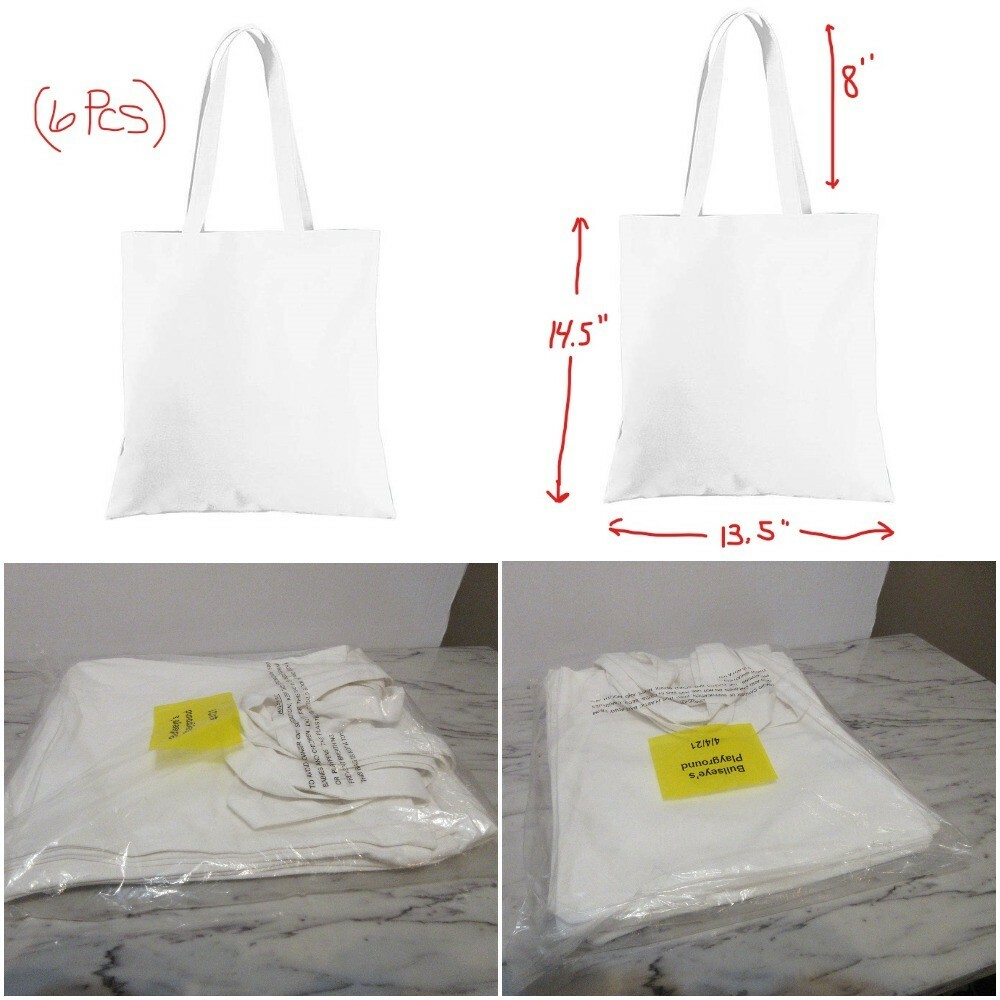 6 Solid white cotton canvas flat tote bags 14.5″ x 13.5″ w/ carry strap handles