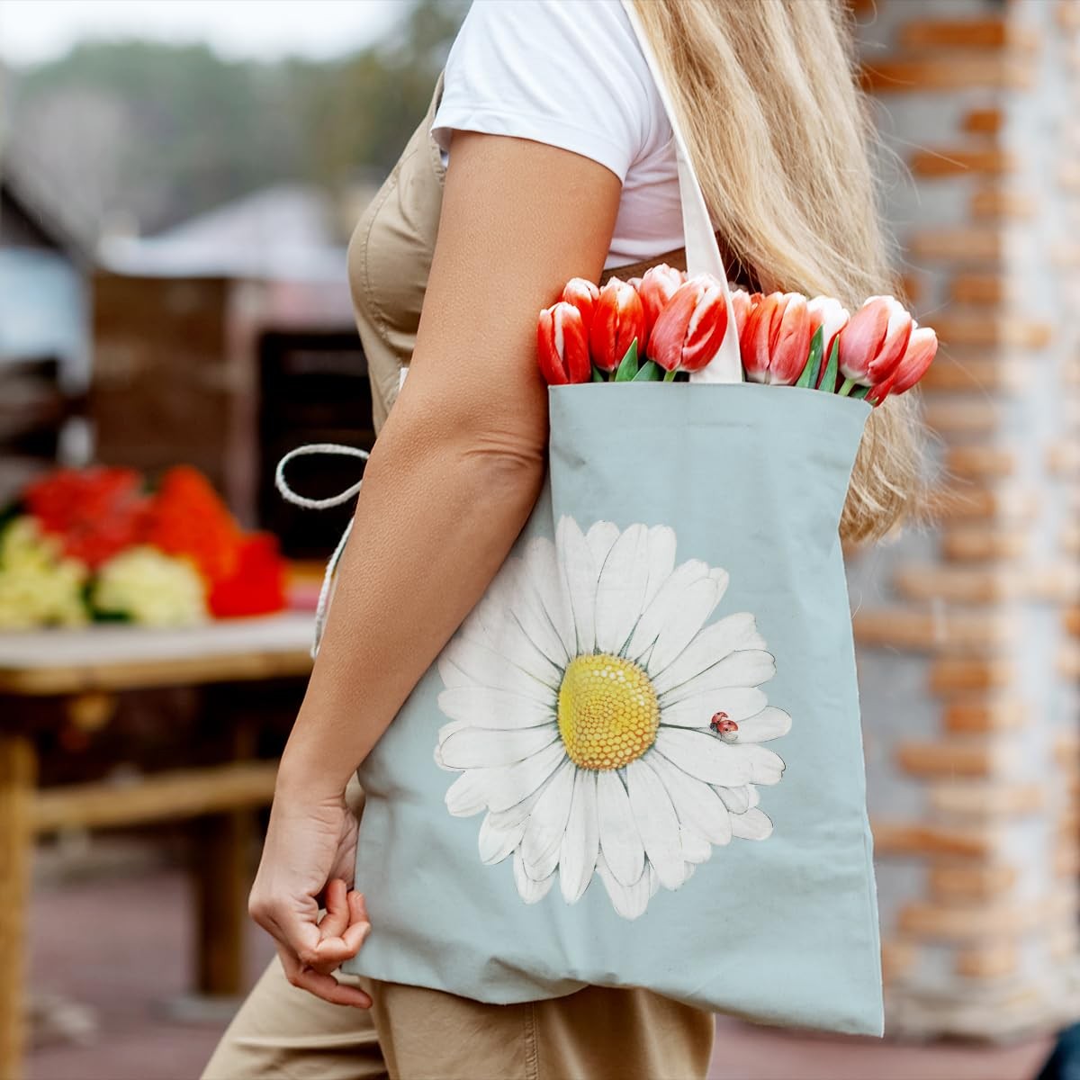 207-ZM-FBB-flower canvas bag tote bag, White