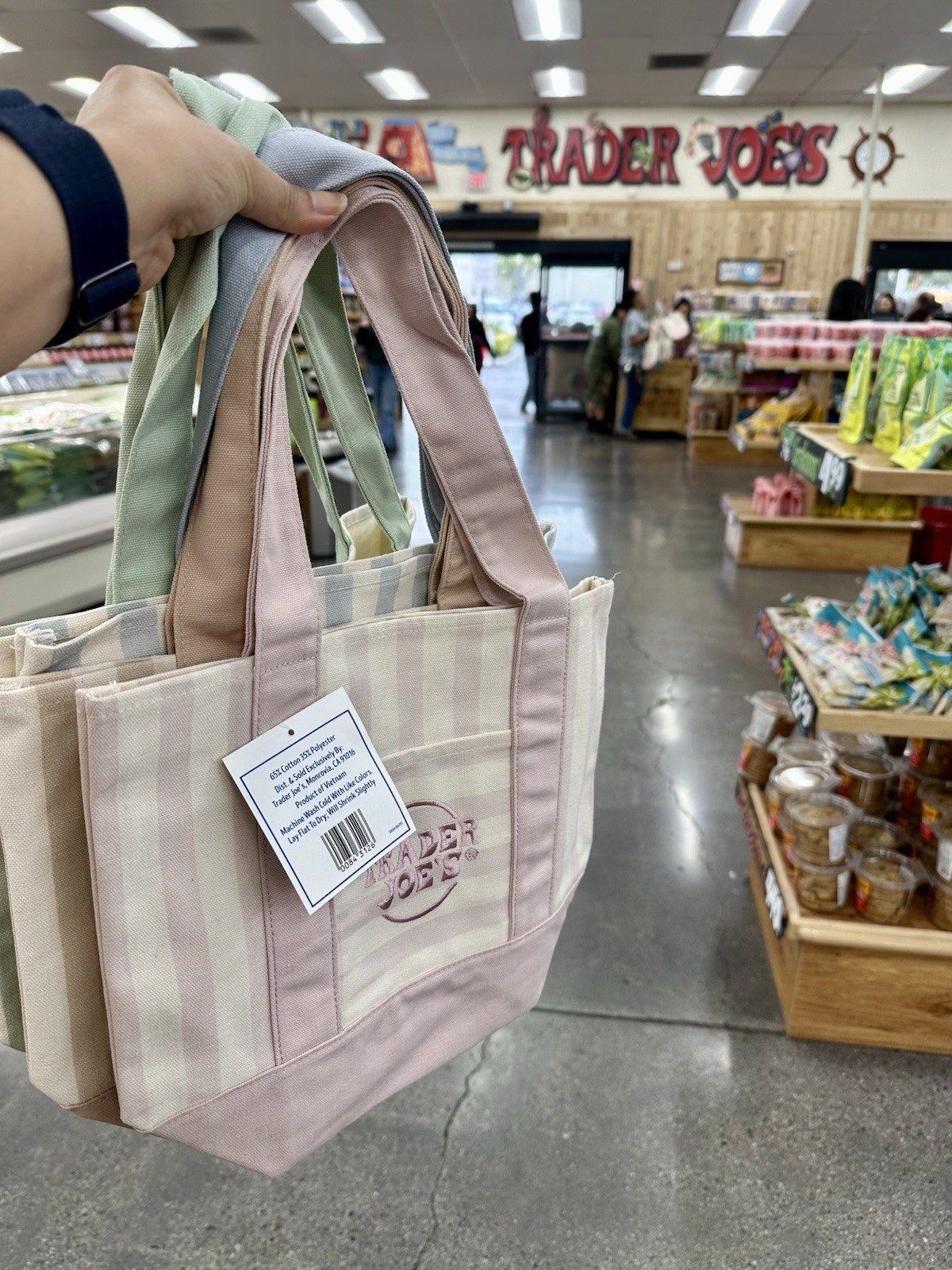 TRADER JOE’S MINI PASTEL STRIPE CANVAS TOTE BAGS SET Of 4 PINK BLUE GREEN BEIGE