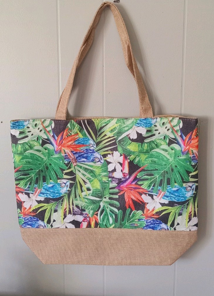 Multicolor Leaf Print Polyester Tote Reusable Bag Beige Handles green leaves.