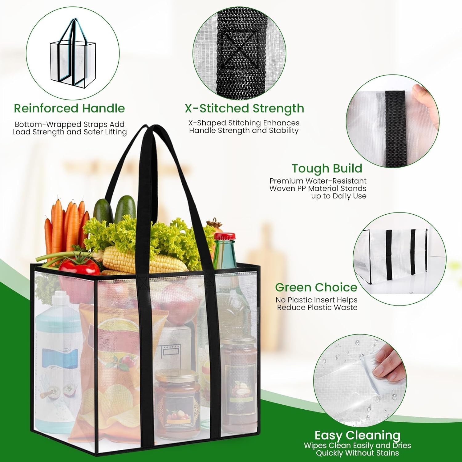 4 Pack Reusable Heavy-Duty Grocery Bags, Water-Resistant & Foldable – 33L