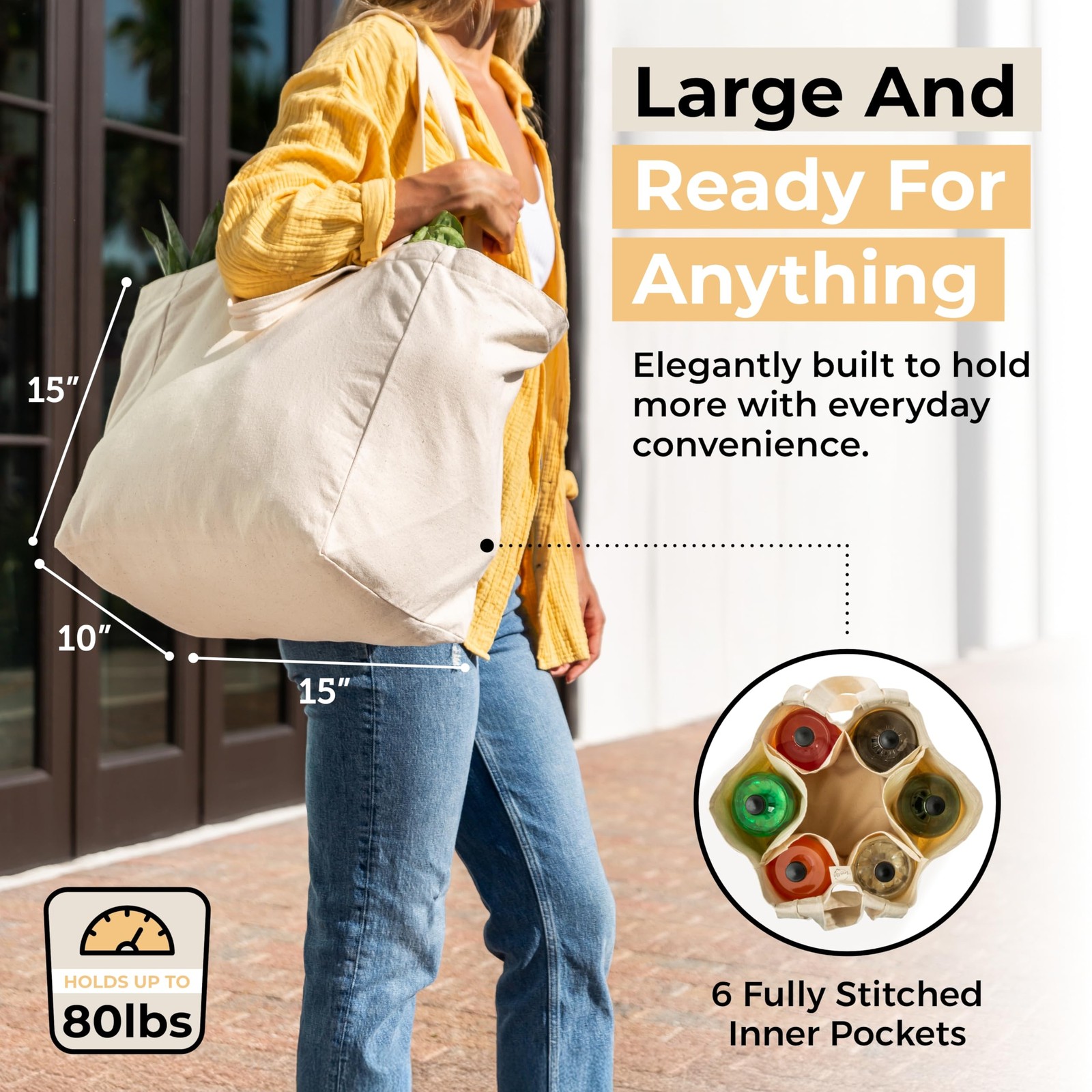 3pc Canvas Grocery Bags with Pockets, Shoulder Straps – Foldable, Washable He…