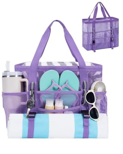 Mesh Beach Bag for Women, Family Pool Bags for Cruise () | Large Purple