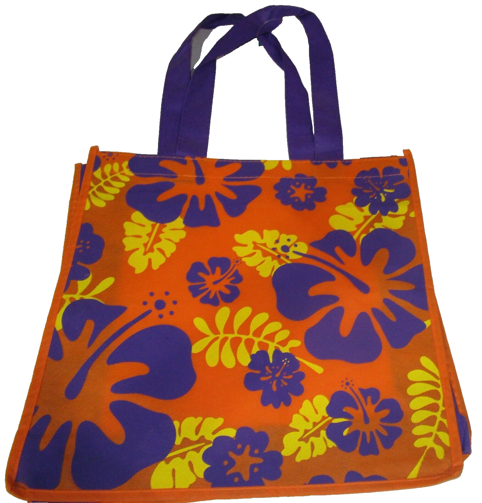 TROPICAL Tote Bag ~ TROPICAL FOLIAGE 13″ x 13″ x 4″ Orange w/ Purple Handles