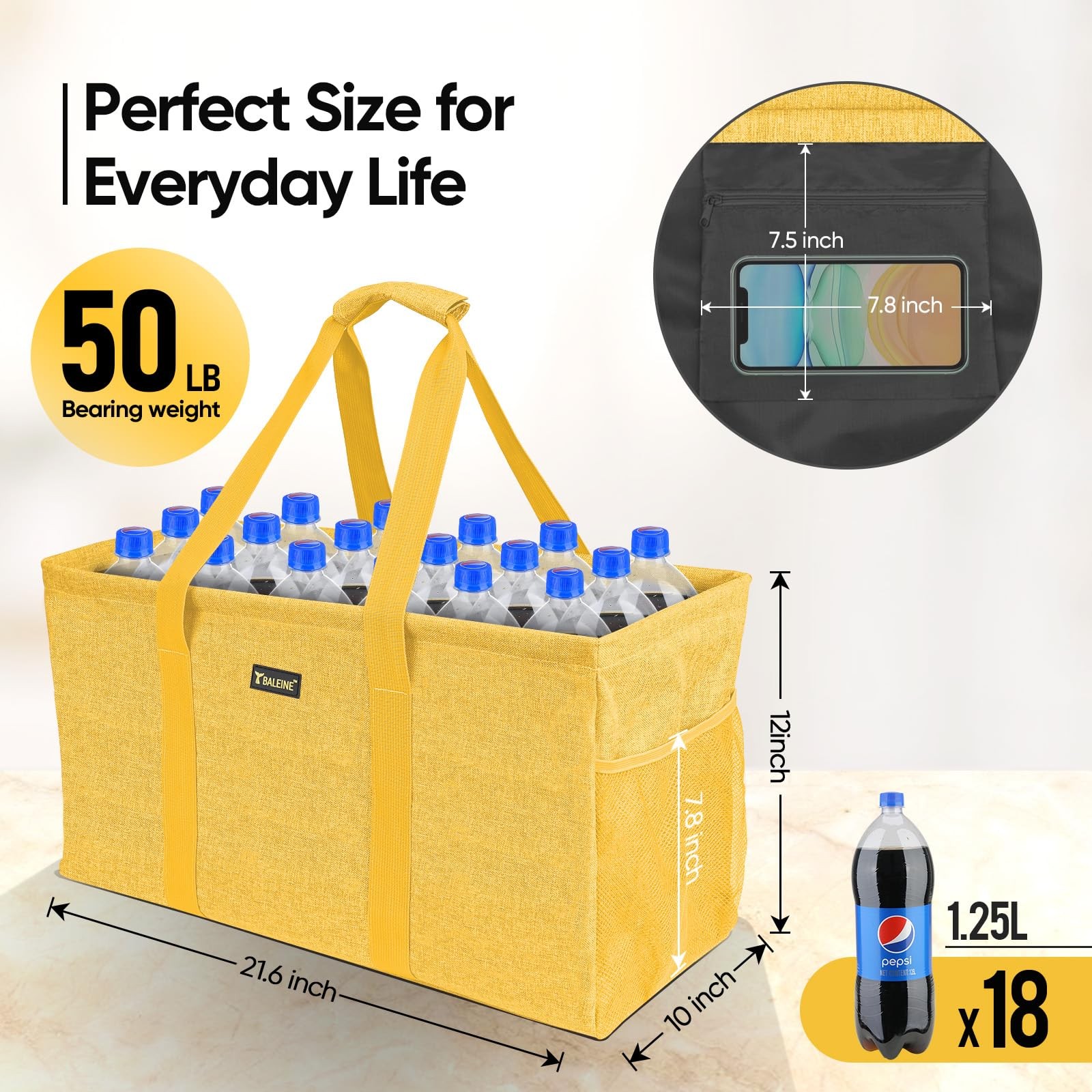 Yellow Extra Large Utility Tote Bag Reinforced Wire Frame 22x12x10 Inch Set