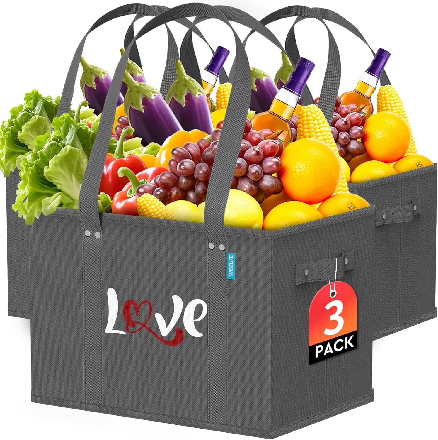 Reusable Grocery Bags Heavy Duty Foldable Shopping Tote Bags with Handles & Rein